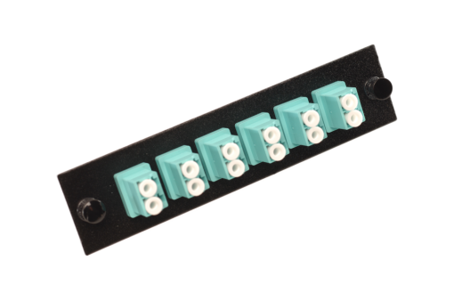 LC Duplex 6 Pack (10 Gig) 12 Fibers Aqua Adapters, Black Panel